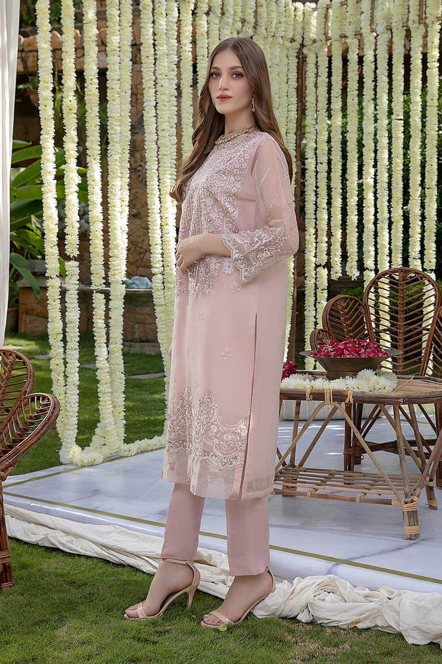 PINK ORGANZA Embroidered Suit with SATIN SILK Trouser