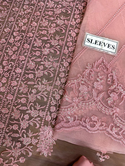 PINK ORGANZA Embroidered Suit with SATIN SILK Trouser