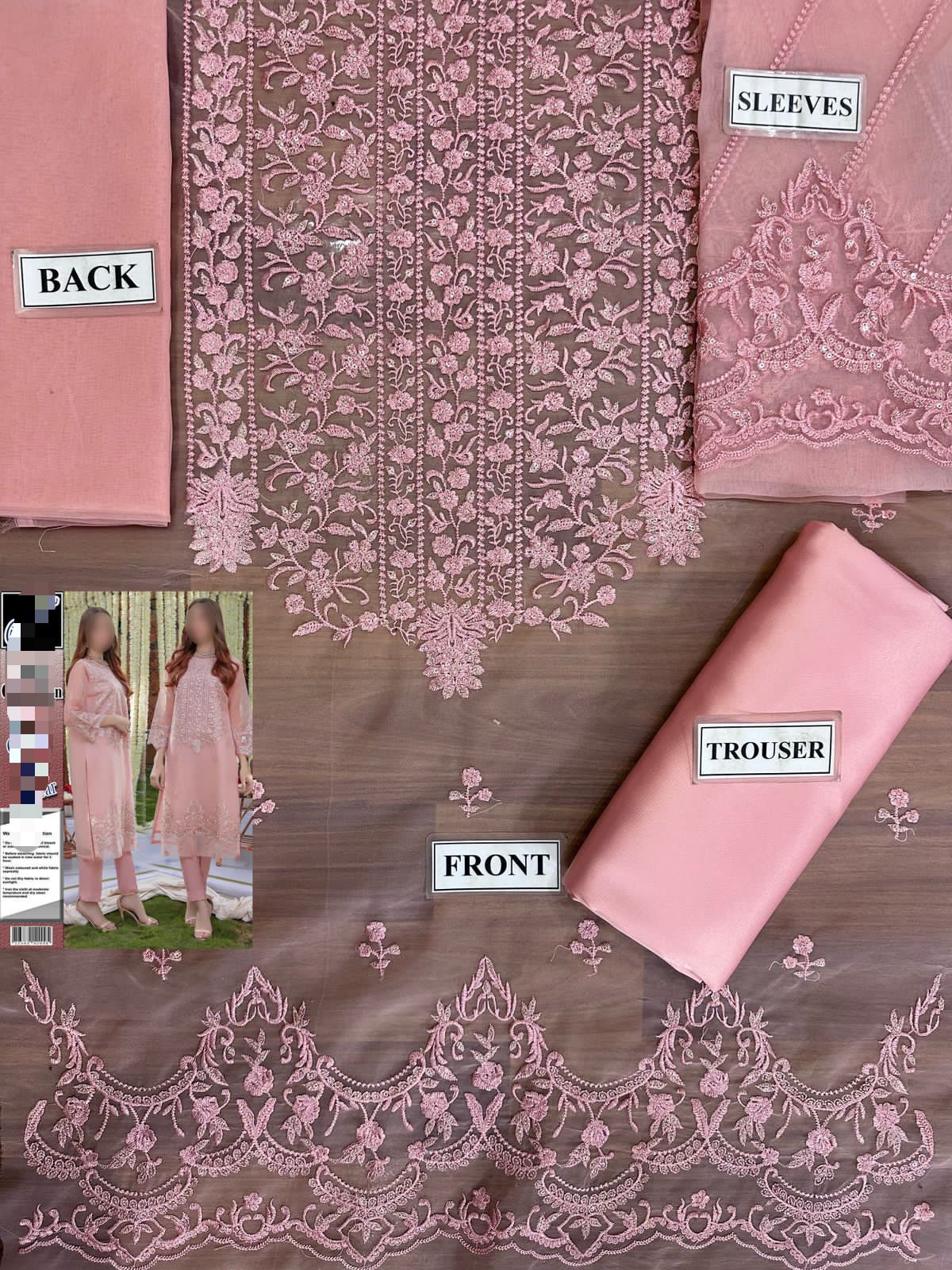 PINK ORGANZA Embroidered Suit with SATIN SILK Trouser