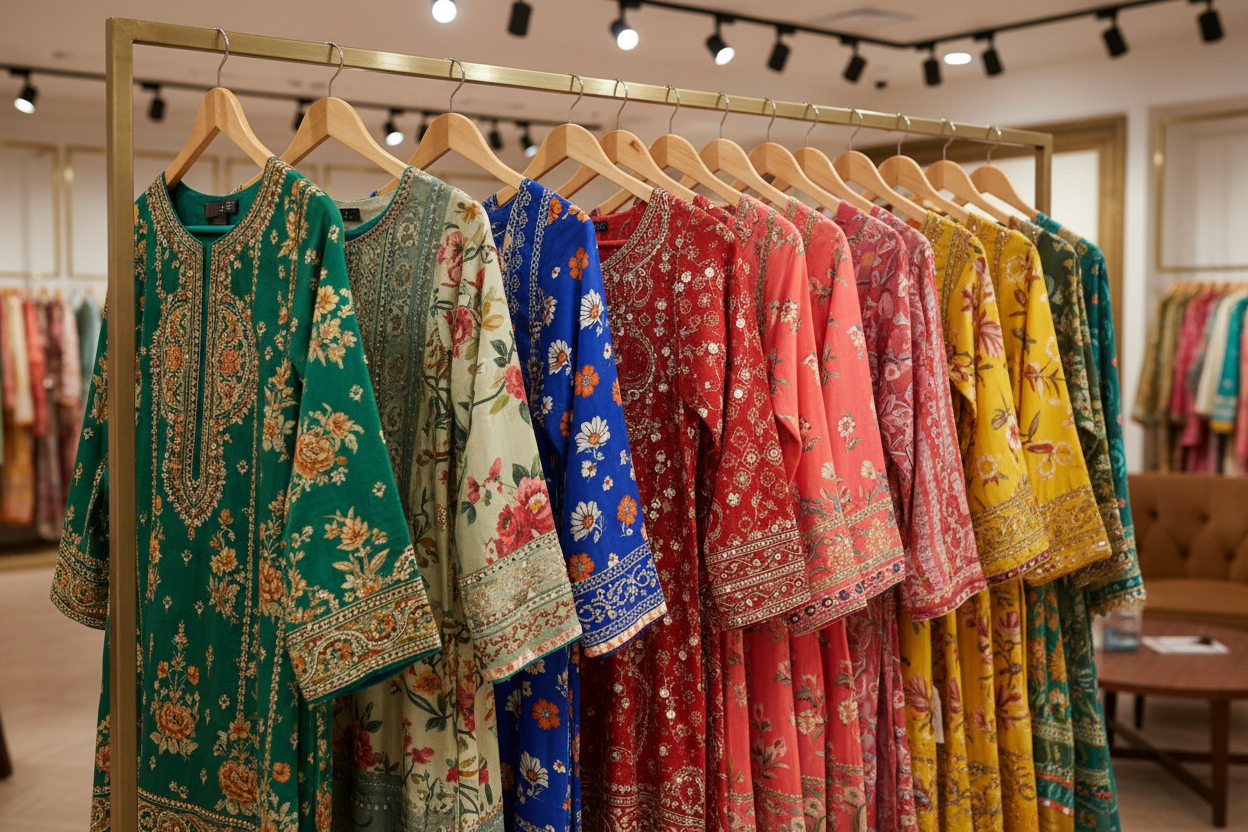 many pakistani beautiful printed ladies suits in display on one rod in hangers 